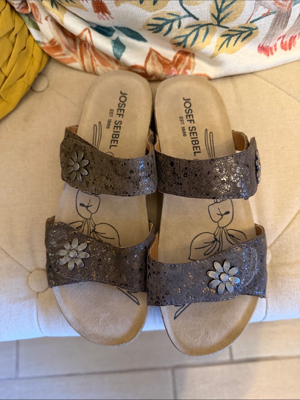 Josef Seibel Brown Floral Accent Double-Strap Slide Sandals